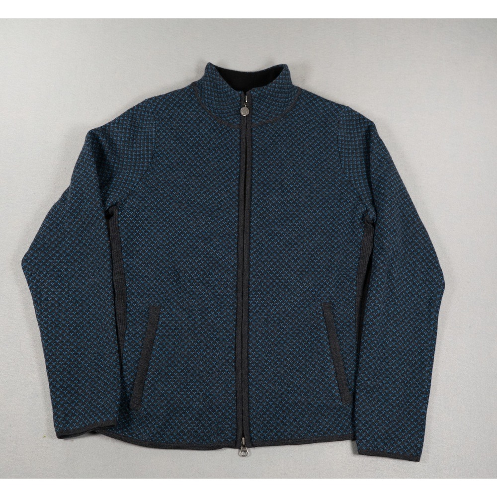 Eddie Bauer Womens Cardigan M Merino Wool Full Zip Mock Neck Blue Geometric Knit